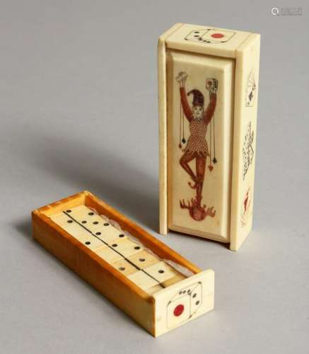 A DECORATIVE BONE BOX CONTAINING DOMINOES.  4.25ins
