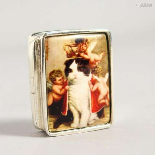 A SILVER RECTANGULAR PILL BOX, with enamel lid
