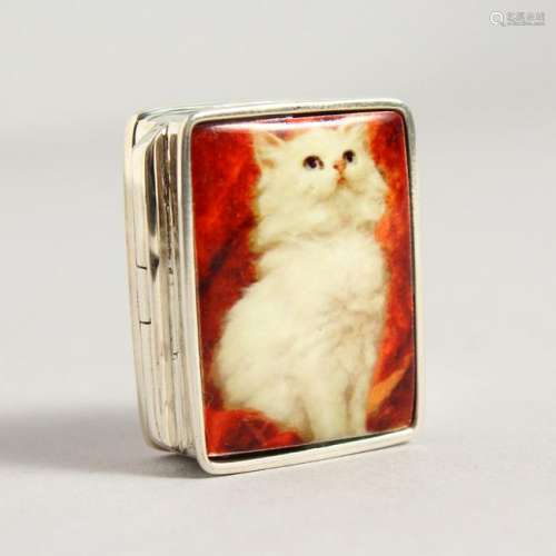 A SILVER RECTANGULAR PILL BOX, with enamel lid