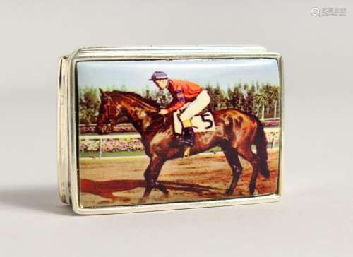 A SILVER RECTANGULAR PILL BOX, the lid with an enamel