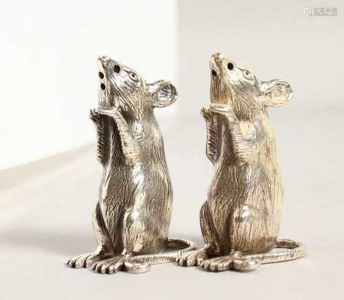 A GOOD PAIR OF NOVELTY SILVER MICE SALT AND PEPPERS.