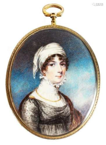A GOOD OVAL PORTRAIT OF A LADY, wearing a white head