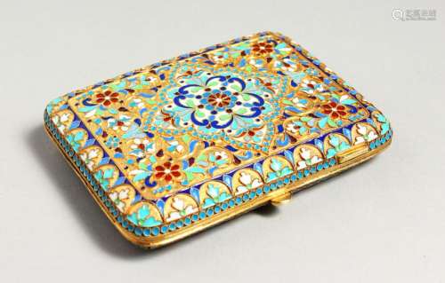 A SILVER AND CHAMPLEVE ENAMEL CIGARETTE CASE.  4.5ins x