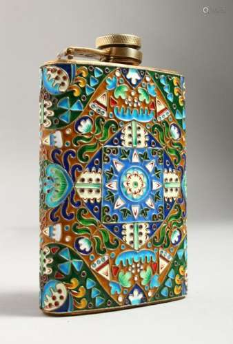A SILVER AND CHAMPLEVE ENAMEL HIP FLASK.  4.5ins x