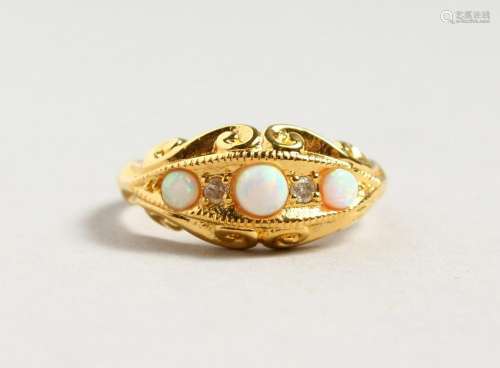 AN 18CT GOLD PLATED, OPAL AND DIAMOND RING.