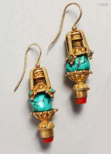 A PAIR OF GILDED TURQUOISE DROP EARRINGS.