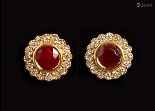 A PAIR OF 18CT YELLOW GOLD, RUBY AND DIAMOND CLUSTER