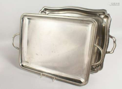 TWO SILVER PLATED RECTANGULAR TWIN-HANDLED TRAYS.