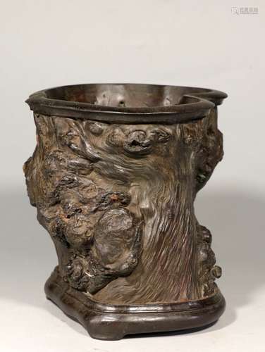 A Chinese Carved Hardwood Brush Pot with Zitan Inlaid