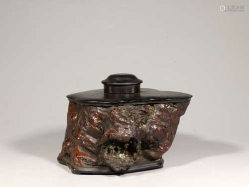 A Chinese Carved Hardwood Tea Can with Tin Inlaid