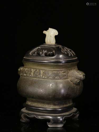 A Chinese Bronze Incense Burner with Carved Zitan Cover and Jade Handle