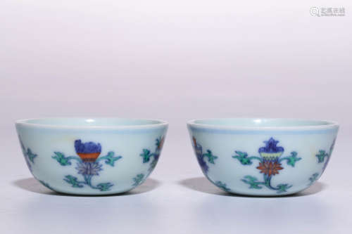 A Pair of Chinese Dou-Cai Glazed Porcelain Cups
