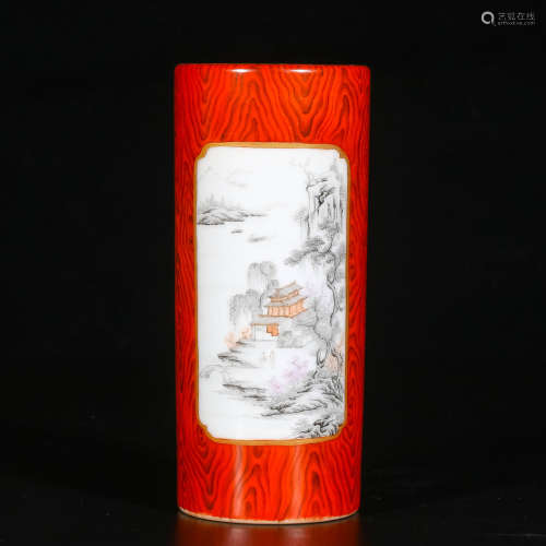 A Chinese Wooden-Pattern Glazed Famille-Rose Porcelain Brush Pot