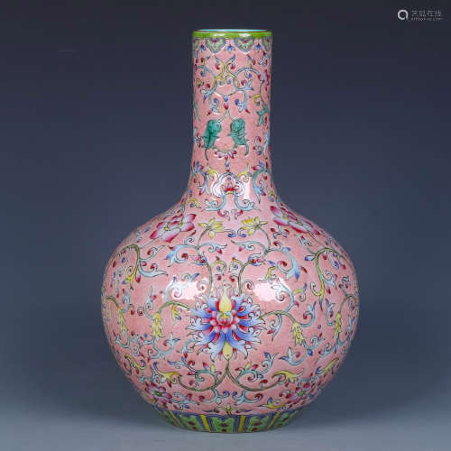 A Chinese Pink Ground Famille-Rose Porcelain Vase