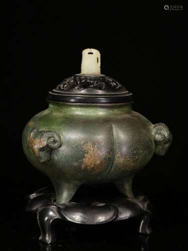 A Chinese Bronze Incense Burner with Carved Zitan Cover and Jade Handle