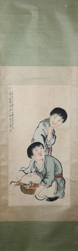 Modern Xu beihong's painting: lad is paying with spittor