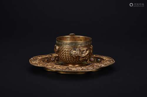 Qing dynasty sterling silver wire inlay teacup with saucer