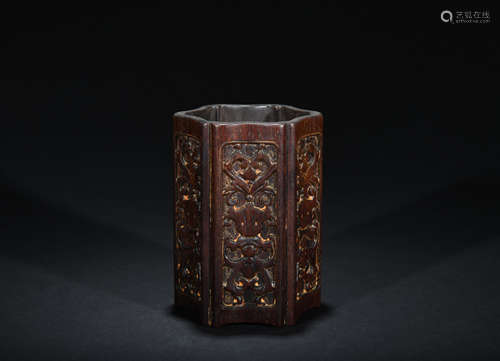 Qing dynasty narra hexagon pen container