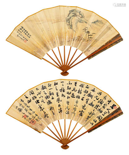 萧俊贤（1865～1949）萧退庵（1876～1958） 山水 行书 成扇 设色纸本/水墨纸本
