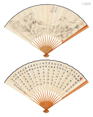 苏曼殊（1884～1918）吴传彝 山水 行书 成扇 设色纸本/水墨纸本