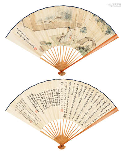 孔小瑜（1899～1984） 弹琴图 成扇 设色纸本/水墨纸本