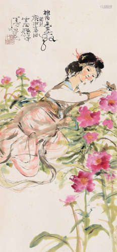 程十发（1921～2007） 庚申（1980年）作 花蝶少女 立轴 设色纸本