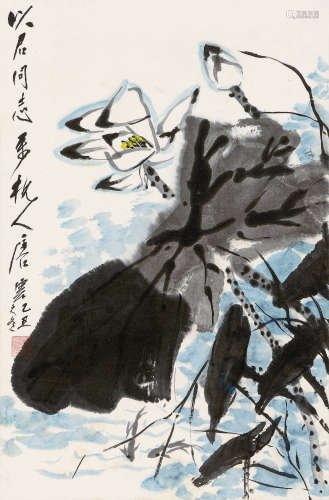 唐云（1910～1993） 乙丑（1985年）作 荷塘鱼趣 立轴 设色纸本