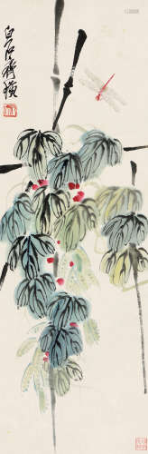齐白石（1863～1957） 篱花蜻蜓 立轴 设色纸本