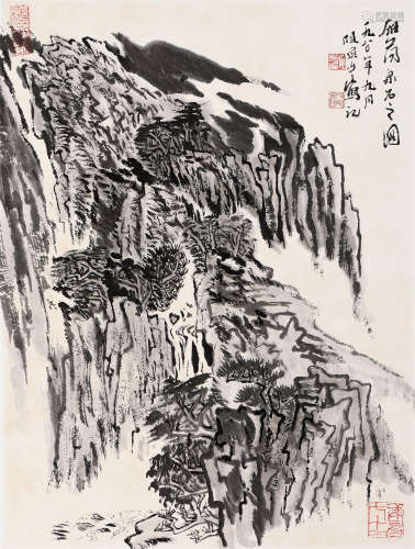 陆俨少（1909～1993） 庚申（1980年）作 雁荡泉石图 镜框 水墨纸本