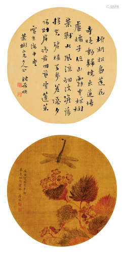 沈葆桢（1820～1879）蒋淑（清） 行书 花卉、蜻蜓 （两幅） 团扇 水墨绢本/设色绢本