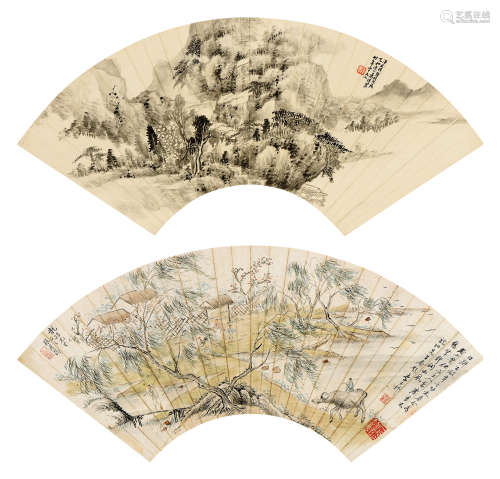 萧俊贤（1865～1949）张曼筠（1901～1975） 水墨山水 村景人物 （两幅） 扇页 水墨纸本/设色纸本