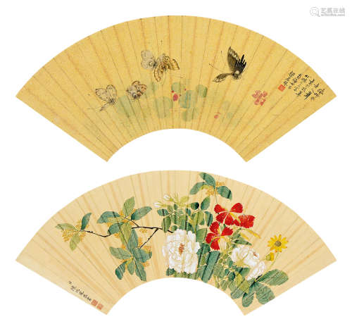梁若珠（清）陈兆鳯（清） 花卉、蝴蝶 花卉 （两幅） 扇面 设色纸本