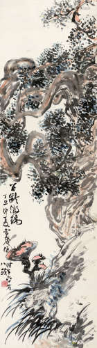 袁培基（1856～1943） 丁丑（1937年）作 芝柏图 立轴 设色纸本