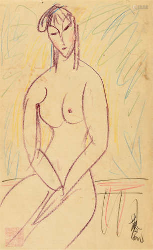 林风眠（1900～1991） 裸女画稿 镜框 设色纸本