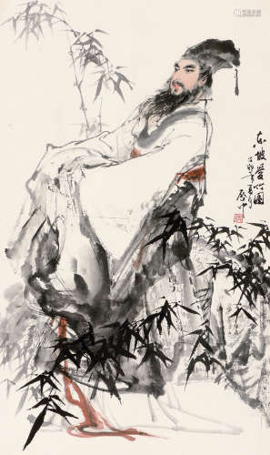 伍启中（b.1944） 丁卯（1987年）作 东坡爱竹图 立轴 设色纸本