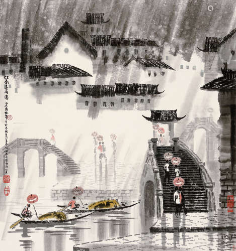 徐希（1940～2015） 乙丑（1985年）作 江南喜雨图 立轴 设色纸本