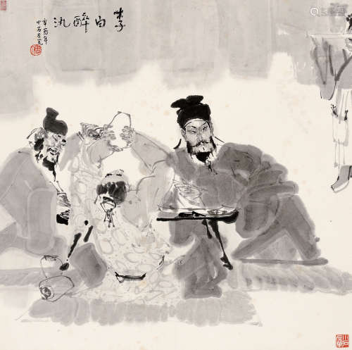 傅小石（b.1932） 辛酉（1981年）作 李白醉酒图 立轴 水墨纸本