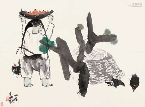聂鸥（b.1948） 乙丑（1985年）作 农村姑娘 镜心 设色纸本