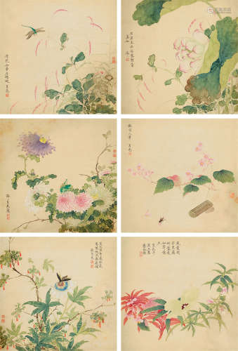 谈月色（1891～1976） 花卉册 册页 （六开） 设色绢本