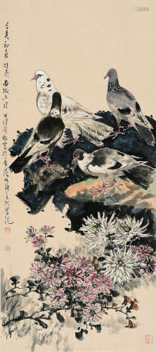 周公理（1903～1989） 己亥（1959年）作 菊花鸽群 立轴 设色纸本