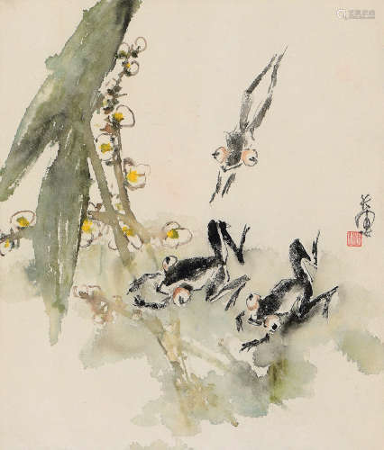 钱行健（b.1935） 青蛙慈菇图 立轴 设色纸本