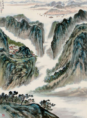 张炎夫（1911～1988） 戊午（1978年）作 江山深远 立轴 设色纸本