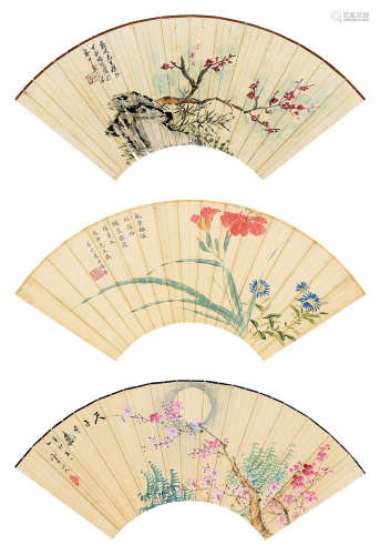 郑午昌（1894～1952）遇华 雪中山人 花卉 （一组三件） 扇页三幅 设色纸本