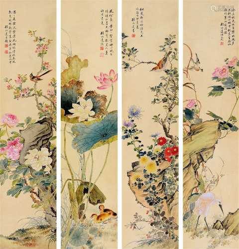 顾伯达（1905～1968） 花鸟 立轴四屏 设色纸本