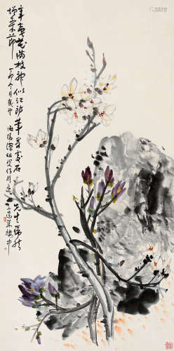 谭组云（1876～1949） 丁卯（1927年）作 花卉 立轴 设色纸本