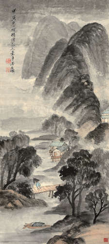 吴石僊（1845～1916） 甲寅（1914年）作 风雨山水 立轴 设色纸本