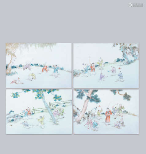 清 淺絳彩嬰戲圖瓷板 一套四件 連紫檀竹節束楠木框