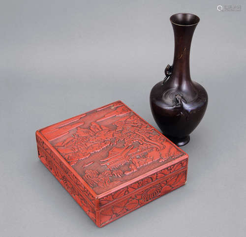 銅胎雕龍紋花瓶 連紅漆雕山水方盒