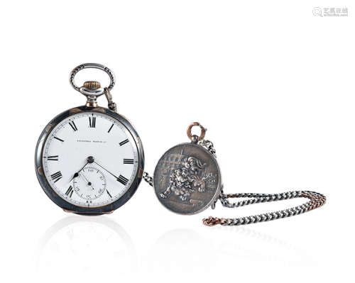 TAVANNES WATCH CO 古董鍍銀外殼繪畫自動懷錶連銅鍊帶, 直徑 46mm.