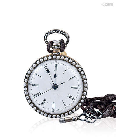 古董鍍金外殼琺瑯珍珠懷錶, 直徑 39mm.